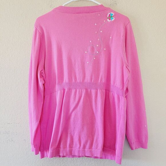 Quacker Factory Pink Embroidered Sequin Sweater Cardigan Size Large Butterfly - Picture 5 of 5